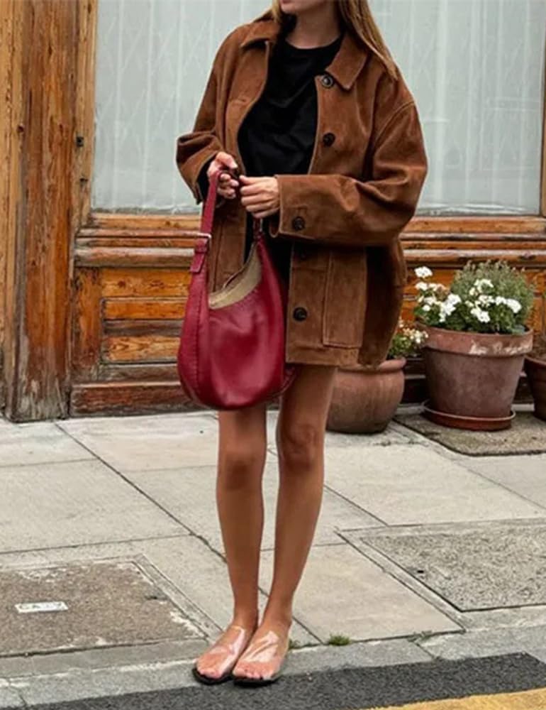Kinghua Womens Oversized Suede Jacket Fall Outfits Fashion Faux Leather Jacket Winter Coats Shackets