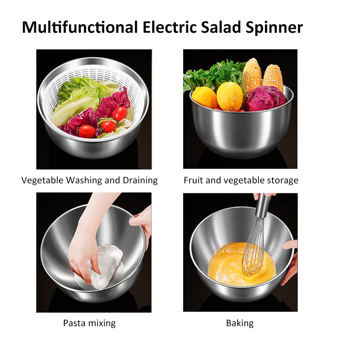 Elektrische Salatschleuder USB Wiederaufladbare Salatschleudern zum Waschen und Trocknen von Salat, Edelstahl 5L Salatschüssel fur Sieb, Gemüse und Obst
