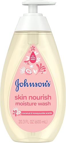 Johnson's Skin Nourish Moisture Wash, Baby Wash con aromas de coco y madreselva limpia y deja la piel hidratada, gel de baño hipoalergénico, sin