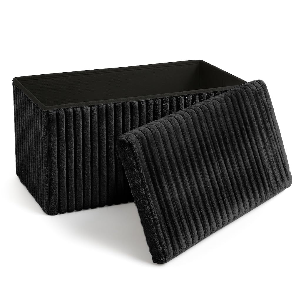 Home Republic Corduroy Ottoman Storage Box – Foldable Footstool with Lid – Soft Toy Chest Bench for Kids Room, Nursery, Bedroom or Living Room (Black, 76 x 38cms)