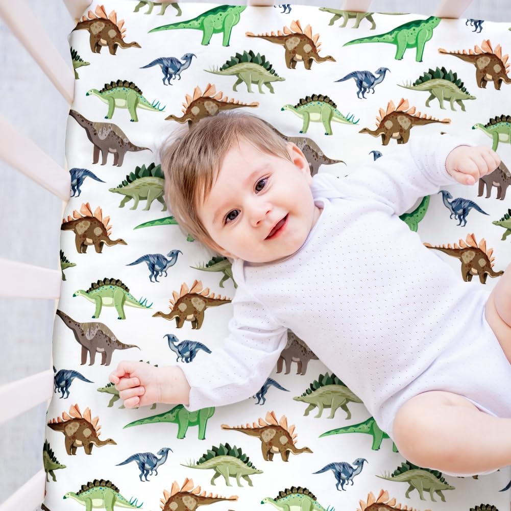 Set di 4 lenzuola per culla per bambino, morbide, con angoli, per cantiere, camion o dinosauro, traspiranti, per neonati (dinosauro, lenzuola per culla)