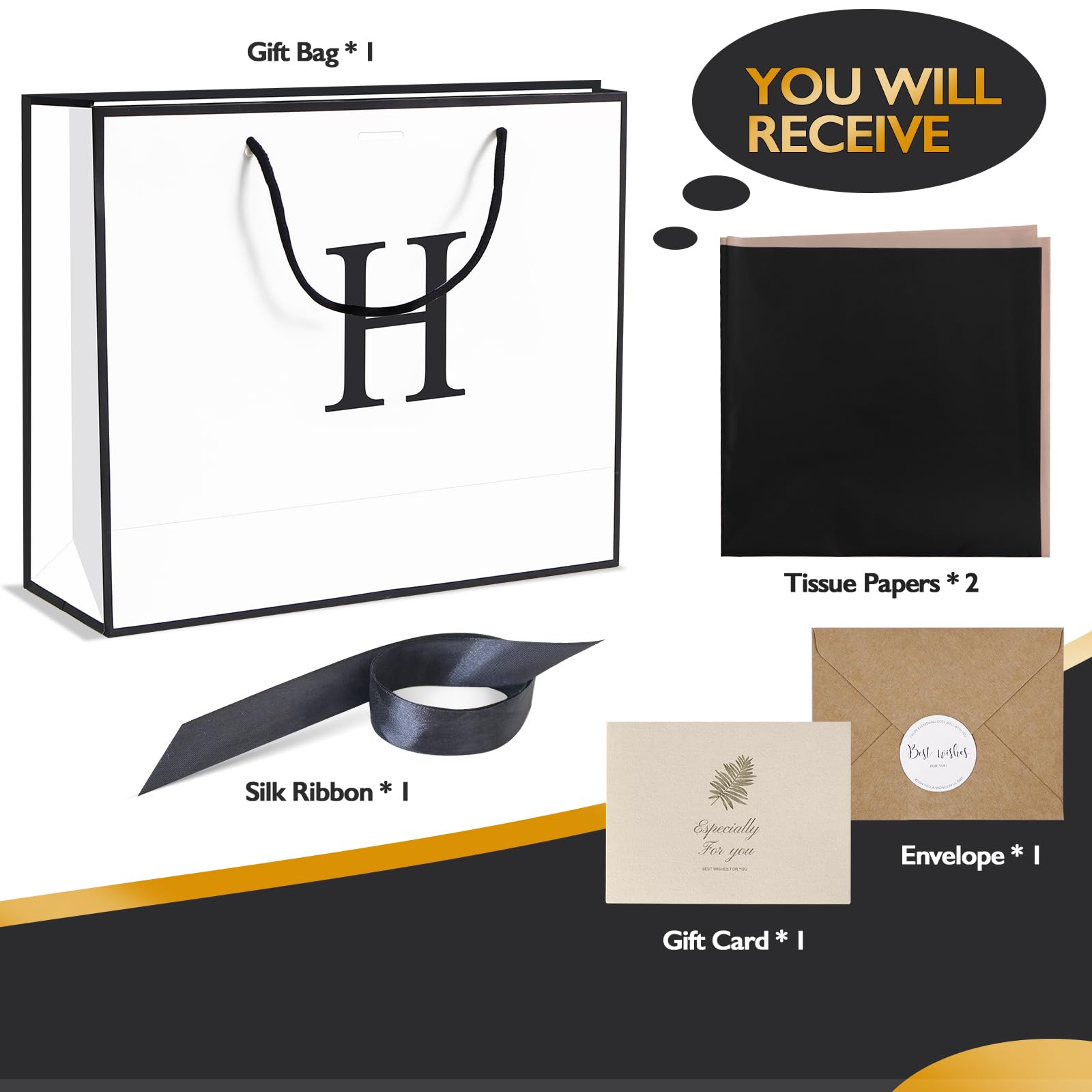 QLSKO Personalisiertes Geschenkbeutel-Set, monogrammierte Initiale, Karte, Umschlag, Aufkleber, Band, Seidenpapier (Weiß, H-Medium)