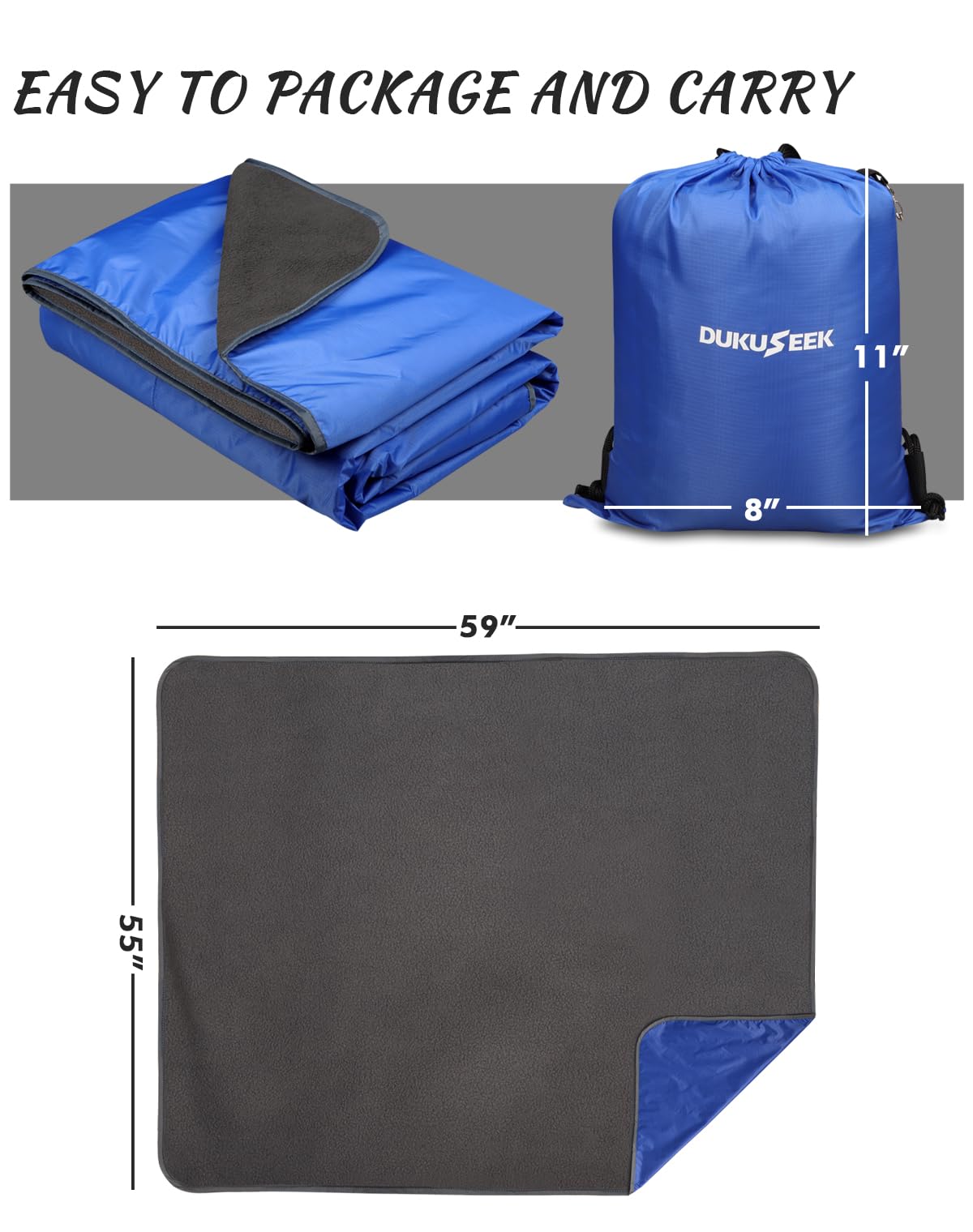 DUKUSEEK Outdoor Waterproof Stadium Blanket with Hood, Windproof Camping Blankets for Cold Weather, Sports, Yard, Soccer, Large Warm Fleece All Weather Blankets, Dark Blue 59