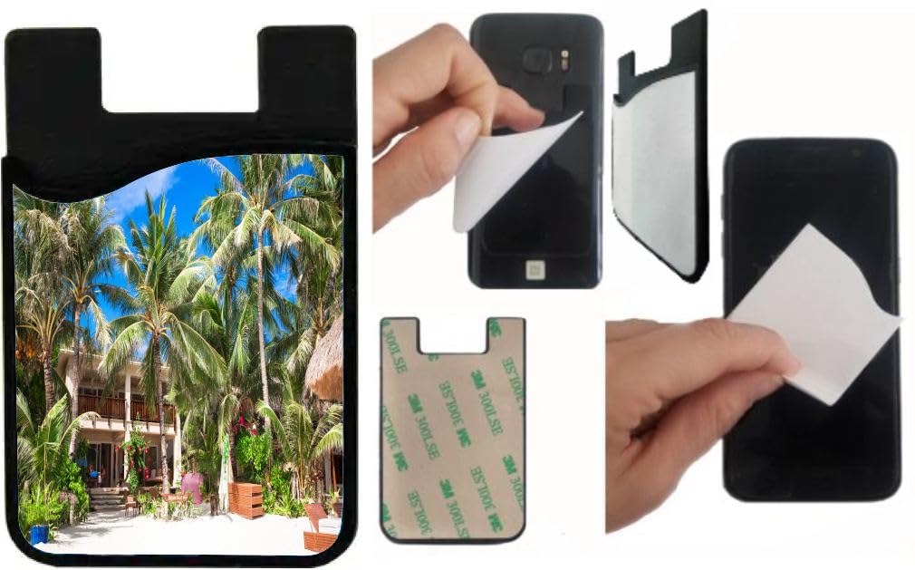Island Gifting Neoprene Stick-on ID Card Holder for iPhone/Galaxy/Google Android Cases Featuring Image of Cozy Little Hotel on Tropical Excotic Resort White Sandy Beach Phillipines