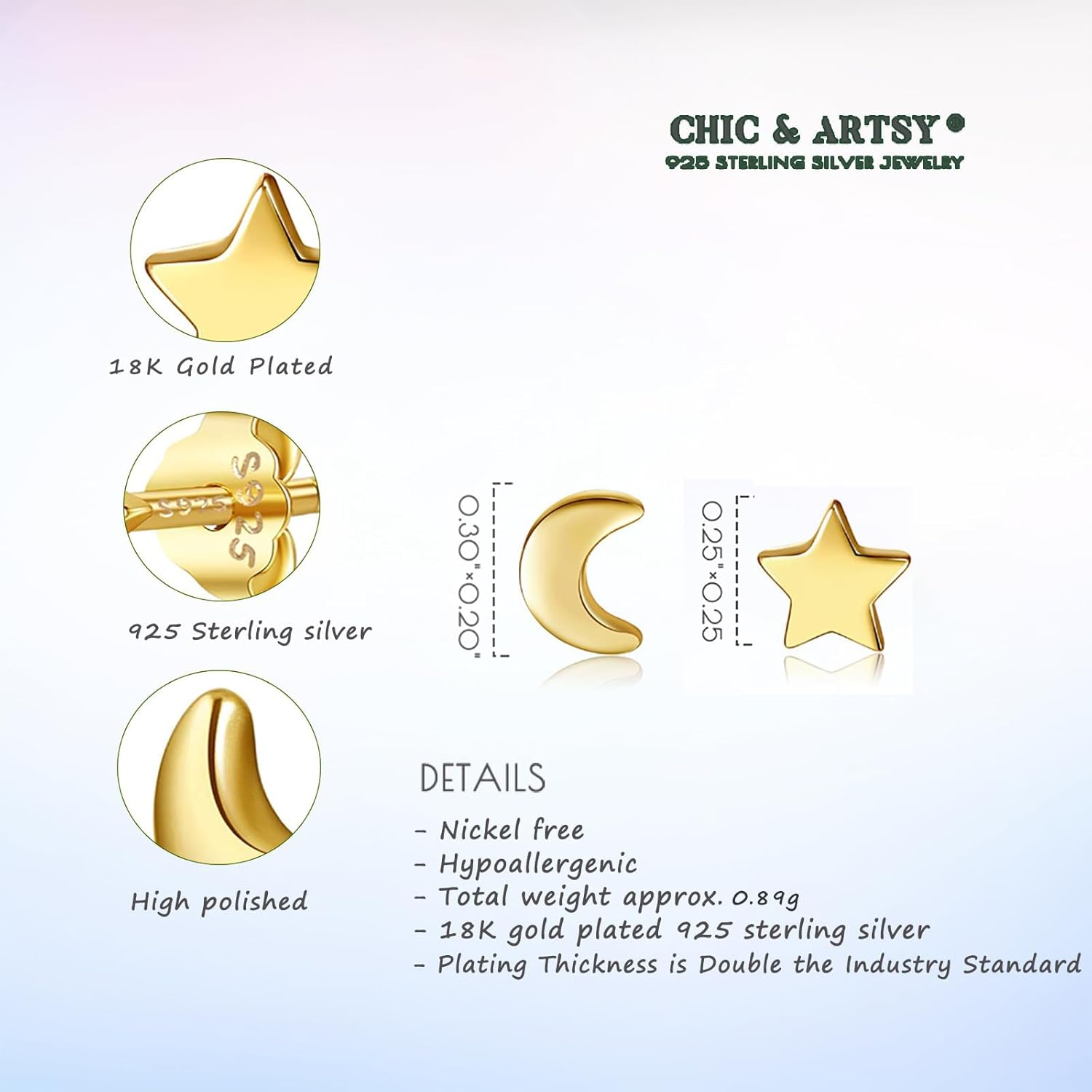 CHIC & ARTSY Solid Real 925 Sterling Silver Satr Moon/Heart Stud Earrings - Dainty Minimalist Stud Earrings - Tiny Cartilage Earrings for Women - Image 5