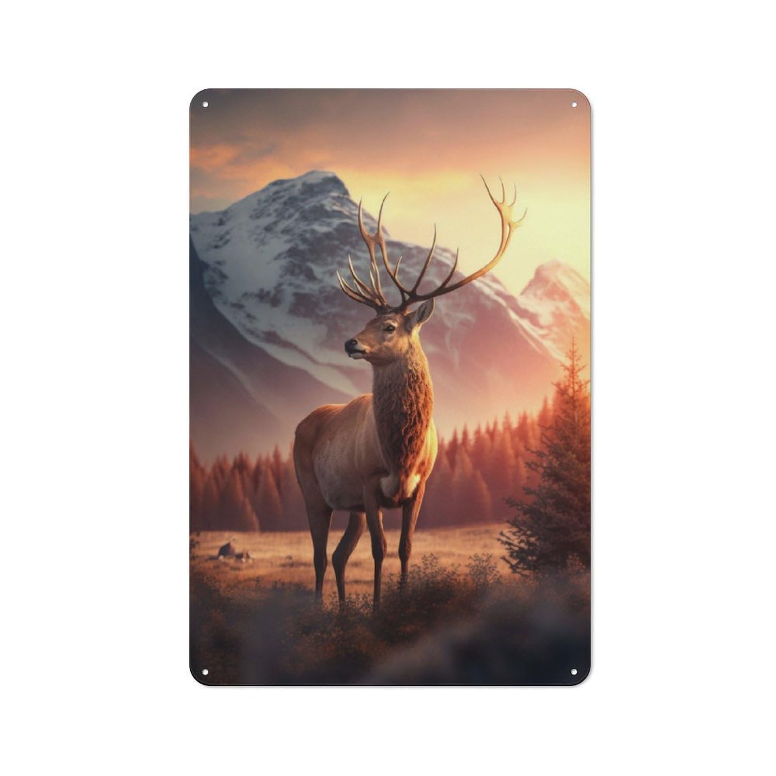Vintage Metal Sign 30x20cm Featuring Deer Sunset Mountains, Home Bar Decor for Cafe, Pub, Workshop Or Home Bar