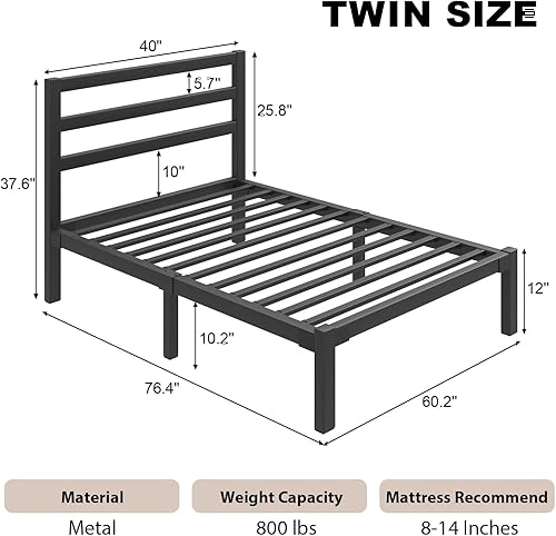Miniatura 2 de Base de cama de tamaño individual, marco de cama de plataforma metálica con cabecero y estribo, espacio de almacenamiento debajo de la cama, no