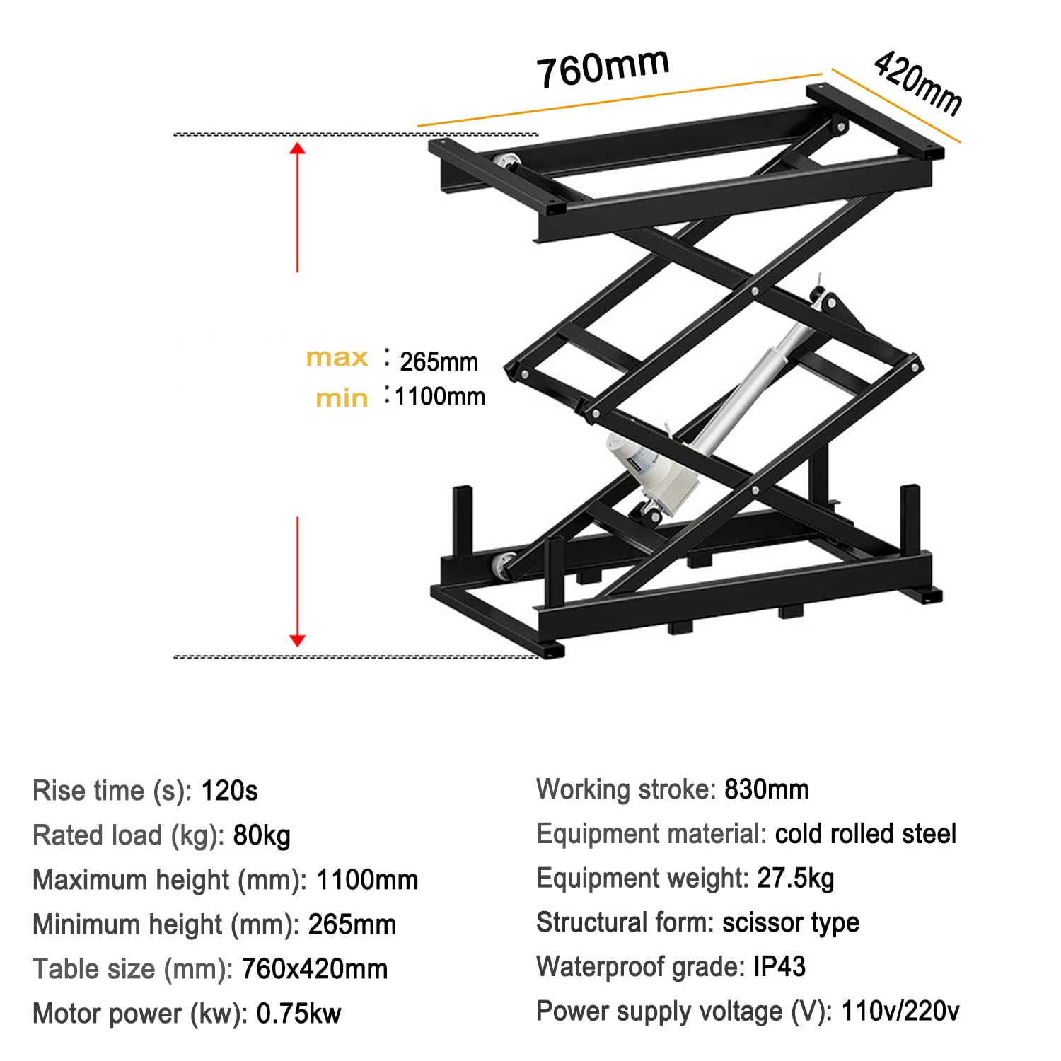 Plataforma elevadora de tijera hidráulica, mesa elevadora de tijera eléctrica, carga de 80 kg, plataforma elevadora plegable ajustable en altura de 265-1100 mm, grado de impermeabilidad: IP43, 2 mét