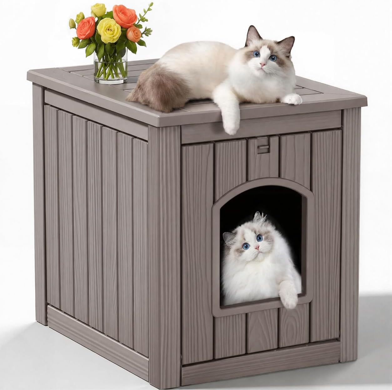 Cat Litter Box Enclosure,Multi-Functional Hidden Litter Box Furniture Cabinet with Adjustable Partition & Side End Table, Indoor Outdoor Cat House with Double Doors,Easy to Clean & Assemble, Black