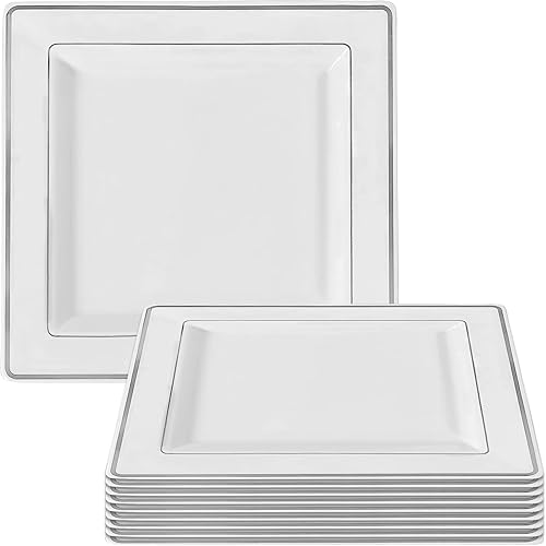 Miniatura 10 de Kaya Platos llanos cuadrados de 9.5 pulgadas  Blanco con borde dorado  Paquete de 10