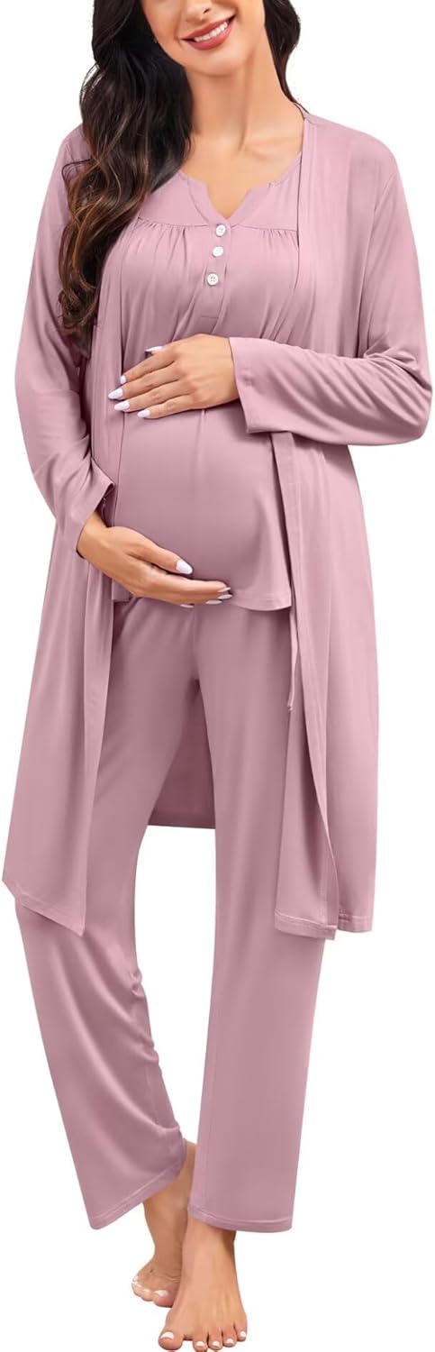 SWOMOG Maternity Nursing Pajamas Sets 3 PCS Women Postpartum Pajama Breastfeeding 3 in 1 Labor Delivery Button Pregnancy Pjs