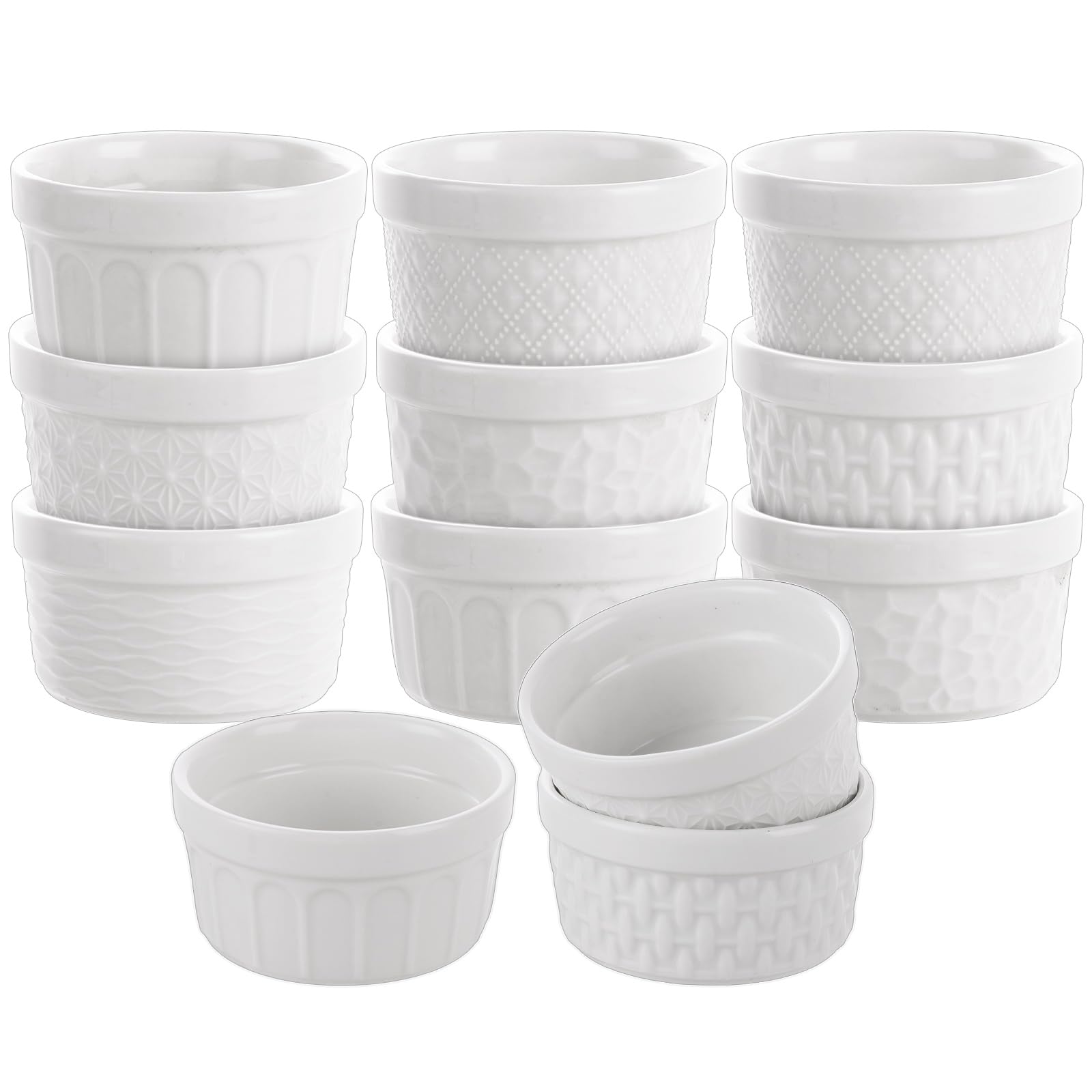 YOUNTHYE 12PCS Ramekins, 6OZ White Ramekins Set Embossed with Textured Design, Porcelain Souffle Dish, Ramekin Dishes for Souffle, Pudding, Cakes, Ice Cream and Sauce