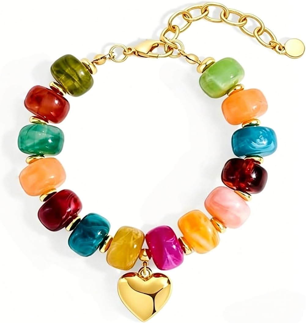 Colorful Chunky Beads Bracelet for Women, Trendy Beaded Chain Beach Boho Resin Beads Stack Handmade Summer Stackable Jewelry