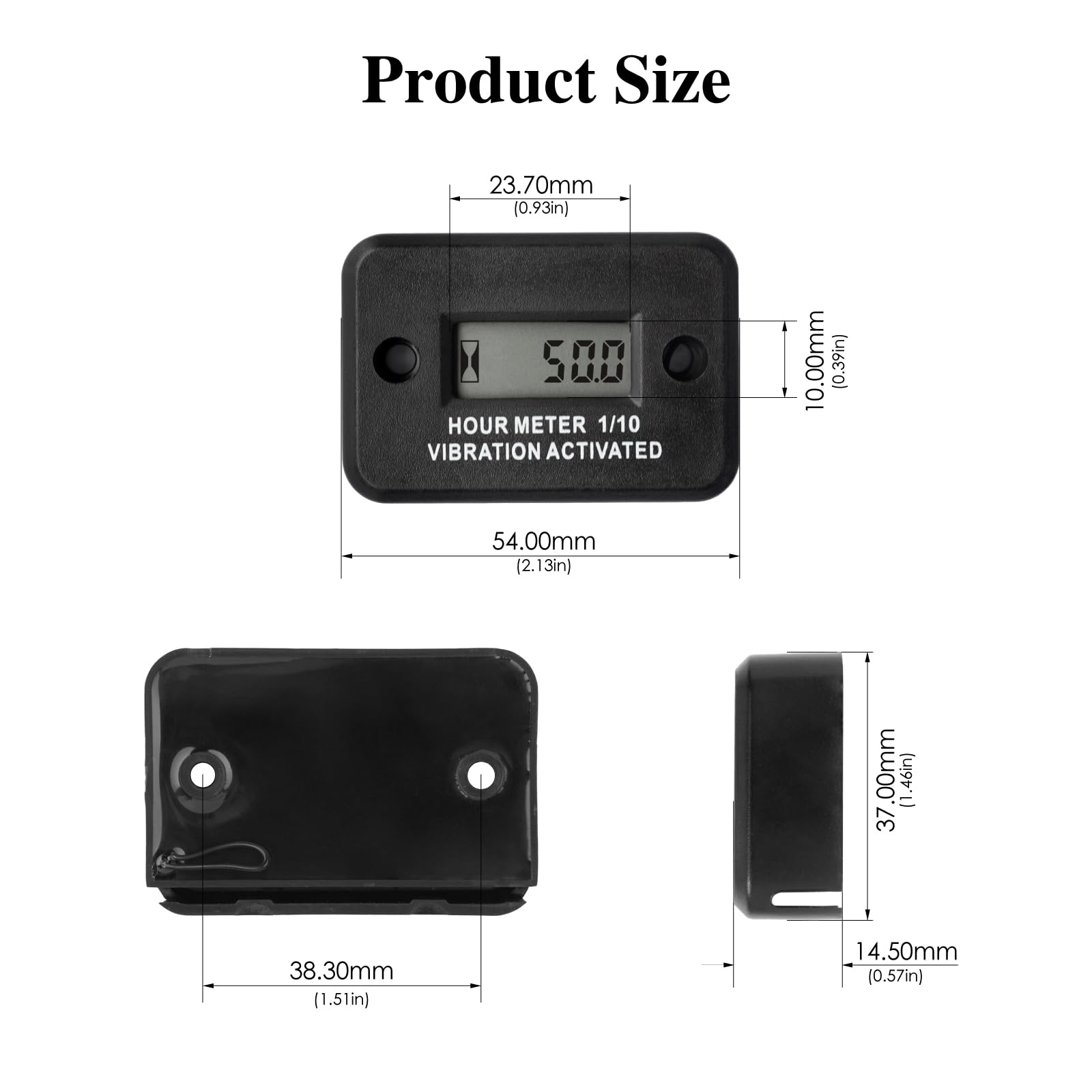 Medidor de horas digital de vibración autoalimentado a prueba de agua IP68 para compresor de aire Mini tractor Soplador de nieve (Negro)
