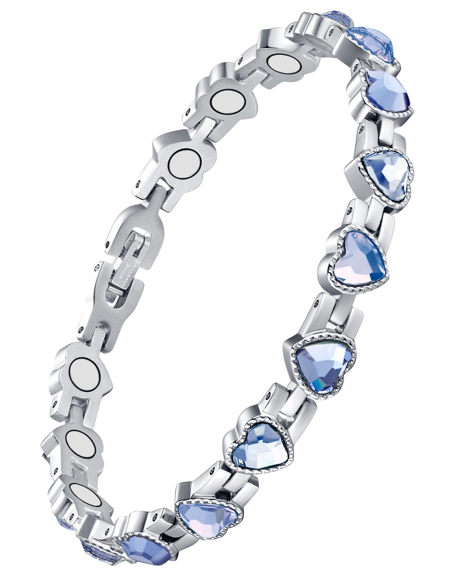 Magnetic Bracelet for Women - Titanium Steel Brazaletes with 15 Powerful Magnets (each 3500 Gauss) included Removal Tool in a Gift Box, Blue Love Heart