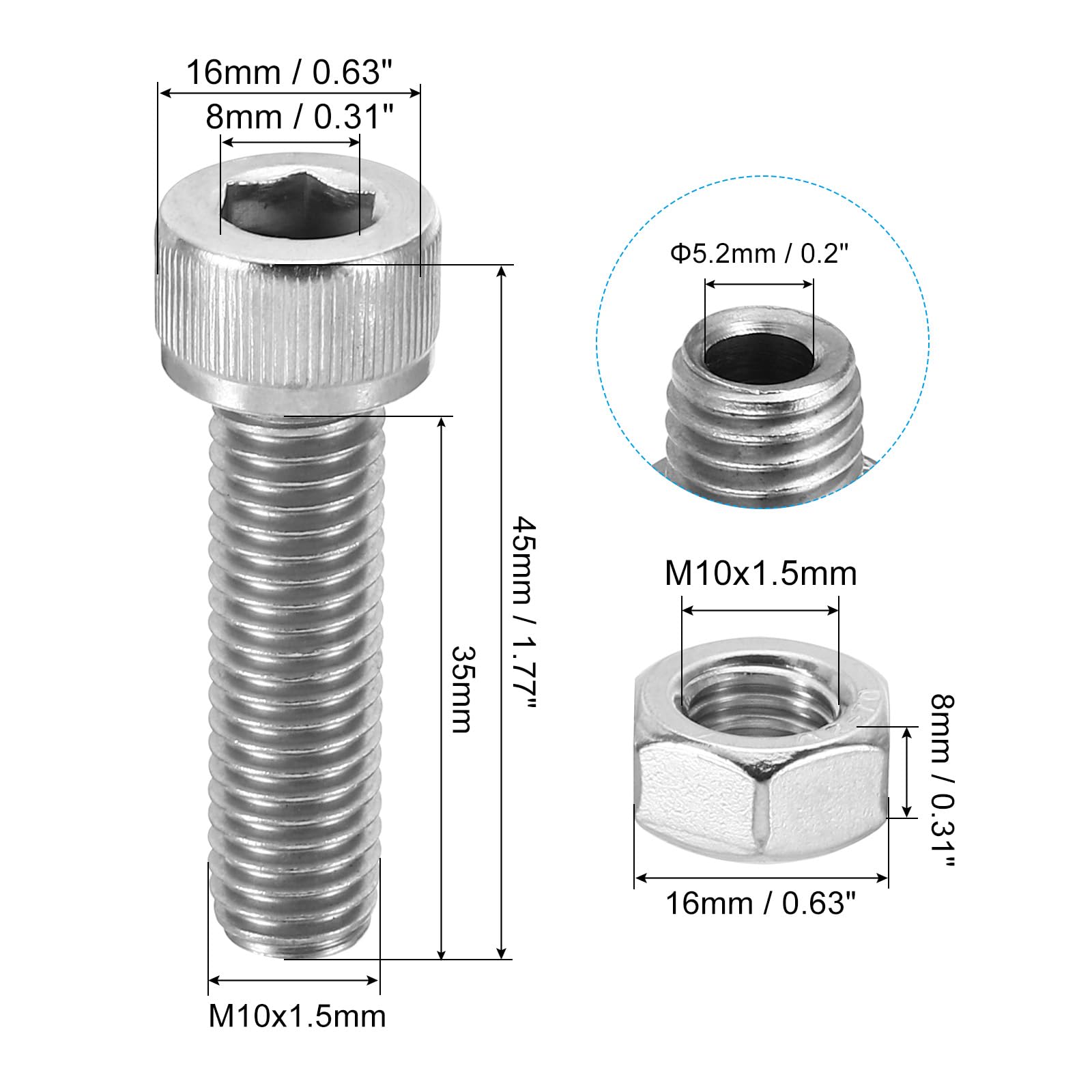PATIKIL M10x35mm 304 Stainless Steel Hollow Bolt - Image 2