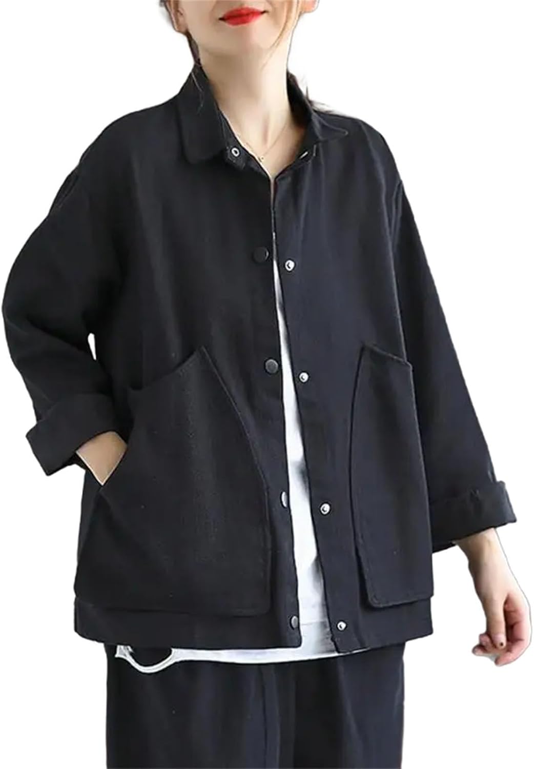 Womens Long Sleeve Cotton Casual Jackets Vintage Style Turn-down Collar Loose Coats