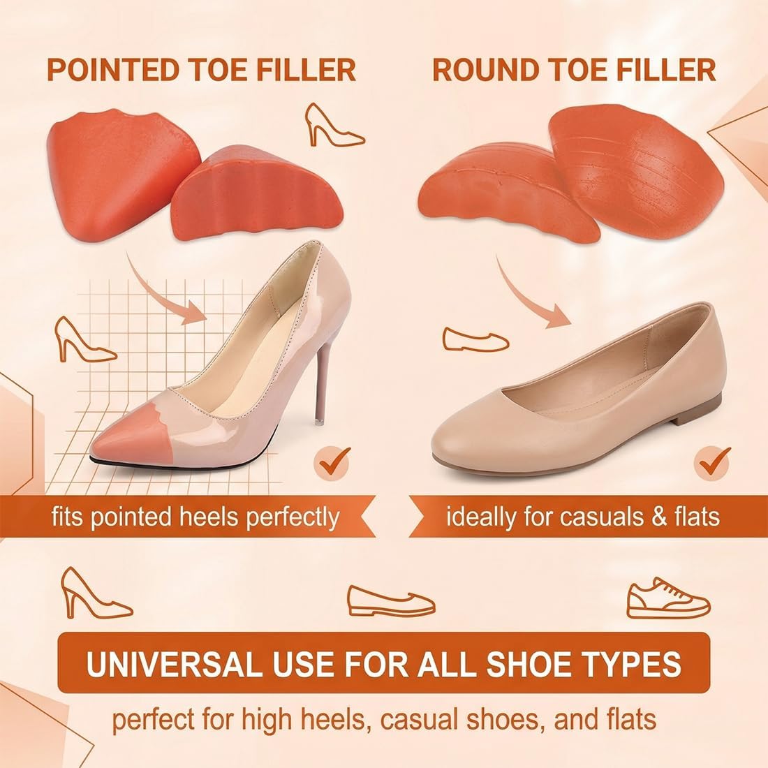 YIPFEN 2 Pares de Rellenos para Puntera de Zapato en PU, Reductores de Talla para Zapatos Grandes, Almohadillas para Talón Cómodas para Tacones, Zapatillas, Botas — view 4