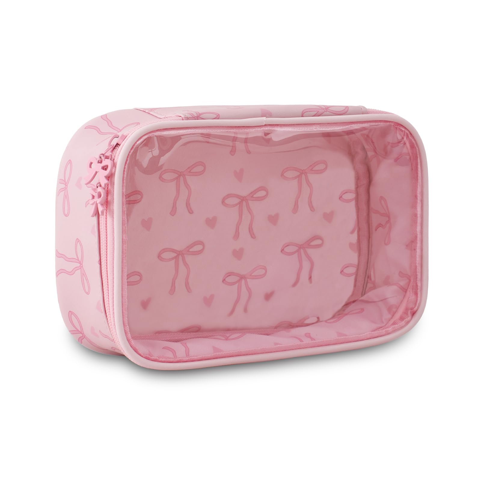 Beauty case trasparente per donne e ragazze, piccola trousse da viaggio per cosmetici con fiocco rosa, simpatica borsa organizer, regalo di compleanno per fidanzata, mamma, damigella d'onore