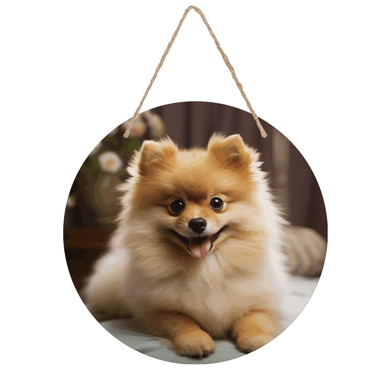 VstaDank Cute Pomeranian Dog Wall Art Decor with Ropes Wooden Hanging Sign Hanging Wall Decor Artwork Round Wood Painting Modern Wall Prints Decor Picture for Office Bar Home Decors