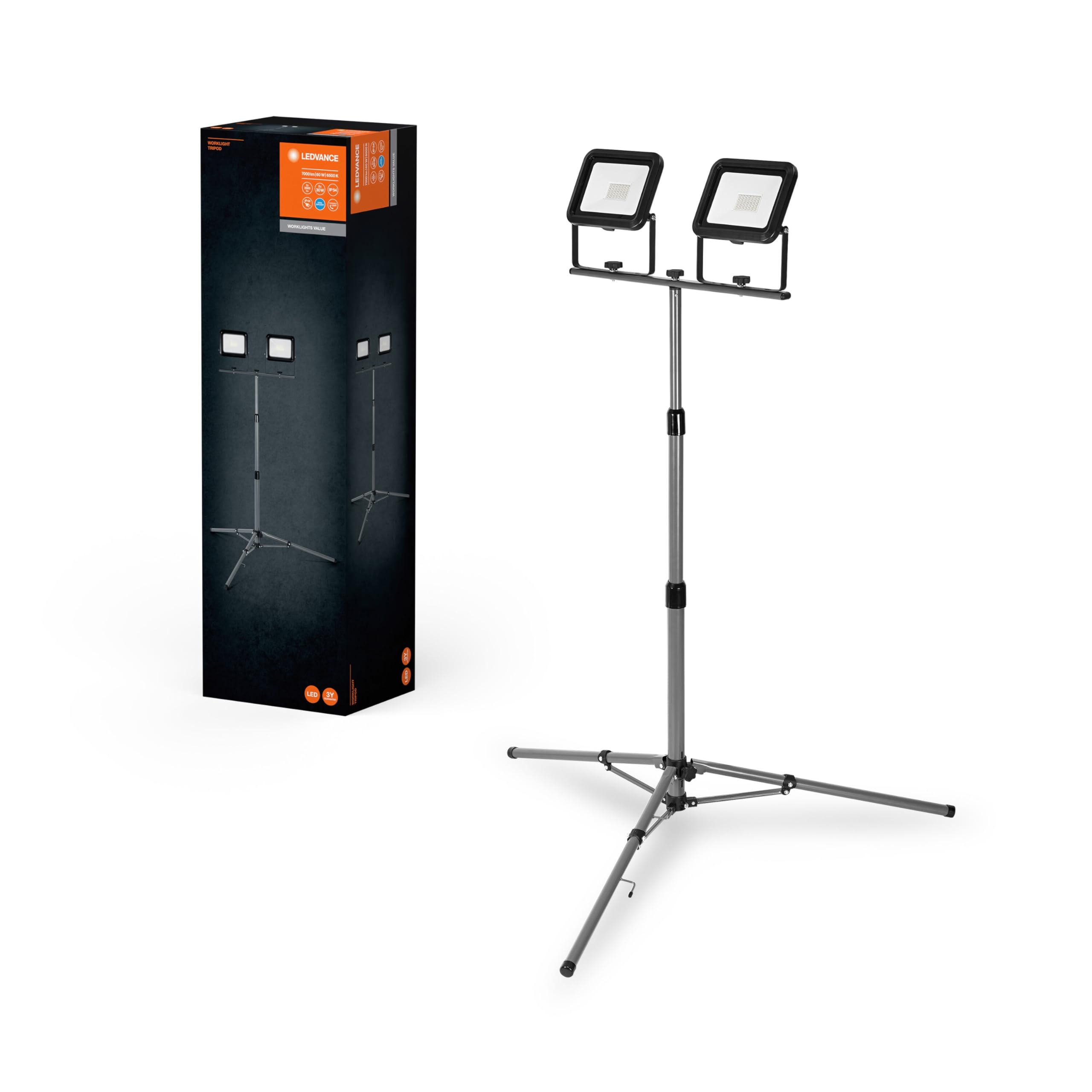 LEDVANCE LED Tragbare Arbeitsleuchte für Aussenanwendungen, Worklight Value mit zusammenklappbarem Tripod-Ständer und 2X 30W Strahler, Tageslichtweiss (6500K), Dunkelgrau, 1st-Pack