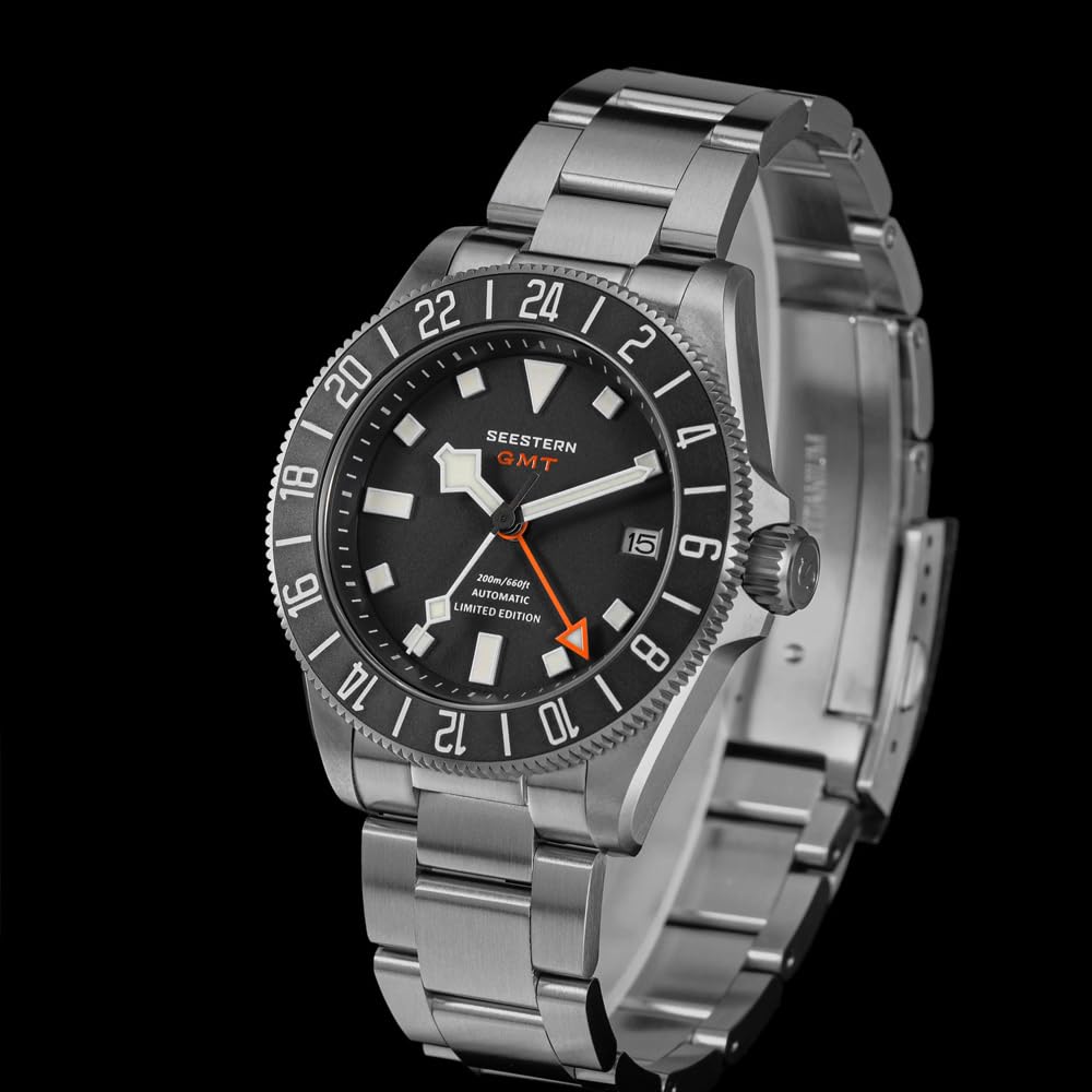 Seestern S462 Automatik Titan GMT Schwarz Datum Saphir 24h Herrenuhr, blau, Armband