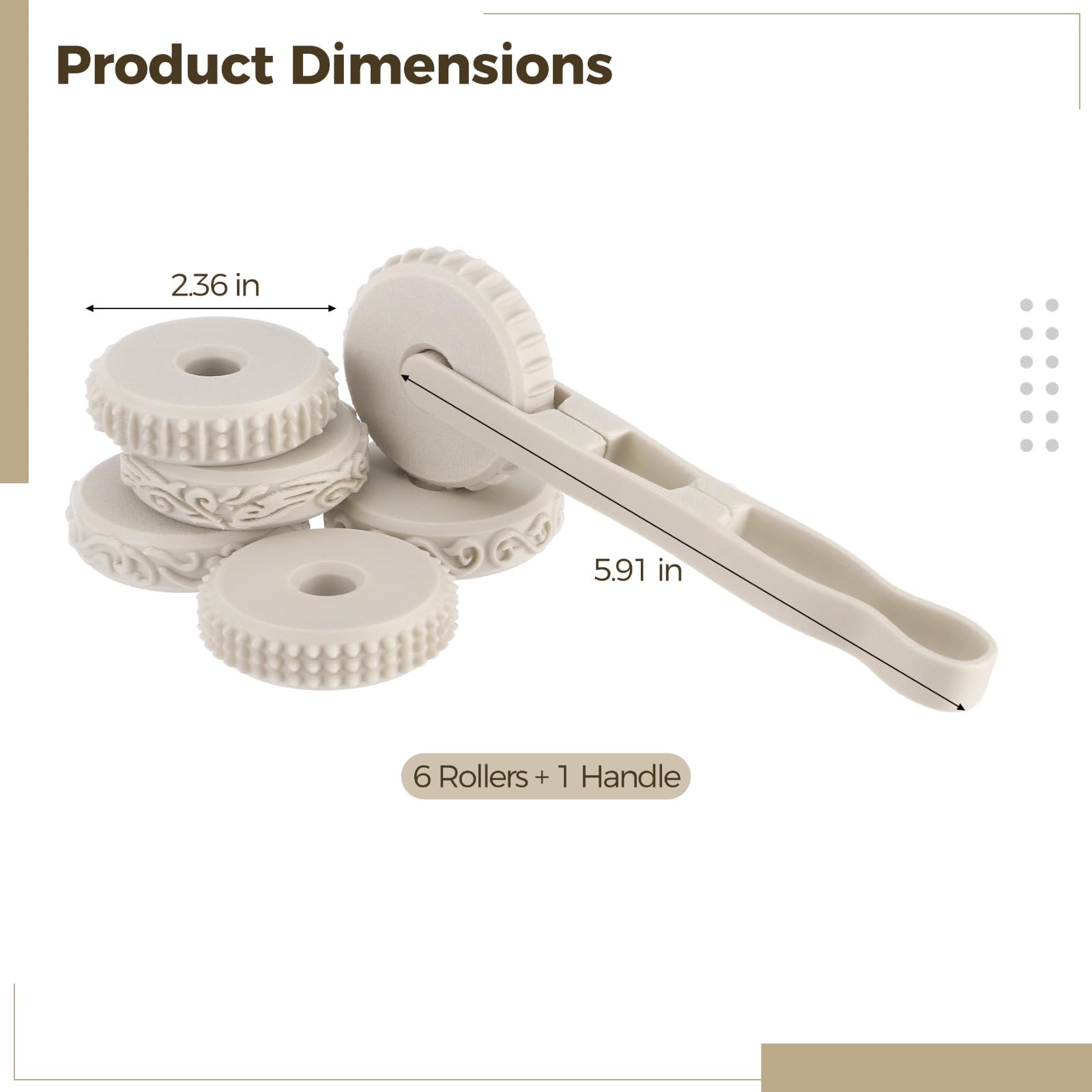 Ton-Texturroller-Set mit Griff, 2,36 Zoll Durchmesser, 6 strukturierte Rollen für Keramik, Teig, Fondant, Biskuit, zum Rollen per Hand oder mit Griff, für Kunst und Bastelarbeiten