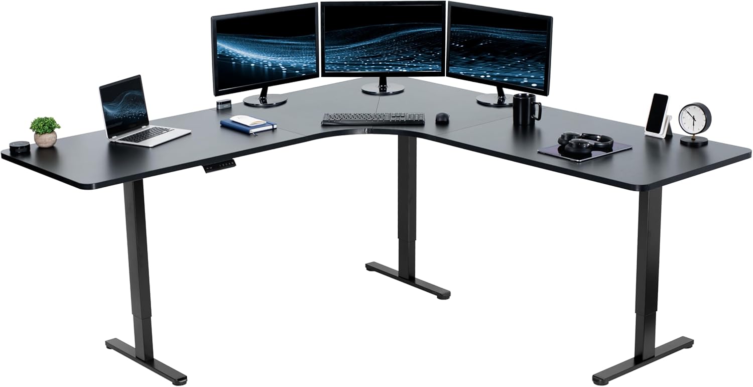 VIVO Electric Height Adjustable 71 x 71 inch Curved Corner Stand Up Desk, Black Table Top, Black Frame, Memory Controller, L-Shaped Workstation, E3C Series, DESK-KIT-E3CB2