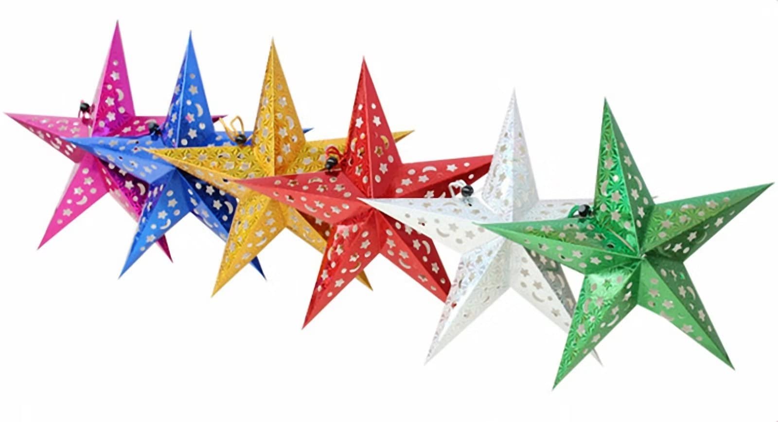 Juego de 6 adornos para árbol de Navidad, papel láser, diseño de estrella de luna hueca, decoración colgante de árbol de Navidad, adornos de Navidad, suministros de fiesta, regalos de decoración de