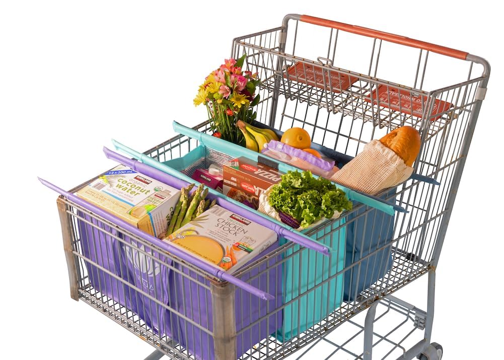 Lotus Club Cart Trolley Reusable Shopping Bags (3-Pack)– Detachable & Reusable Grocery Bags Foldable w/ Insulated Grocery Bag & Egg/Wine Holder– Washable Shopping Totes for Easy Storage & to Save Time