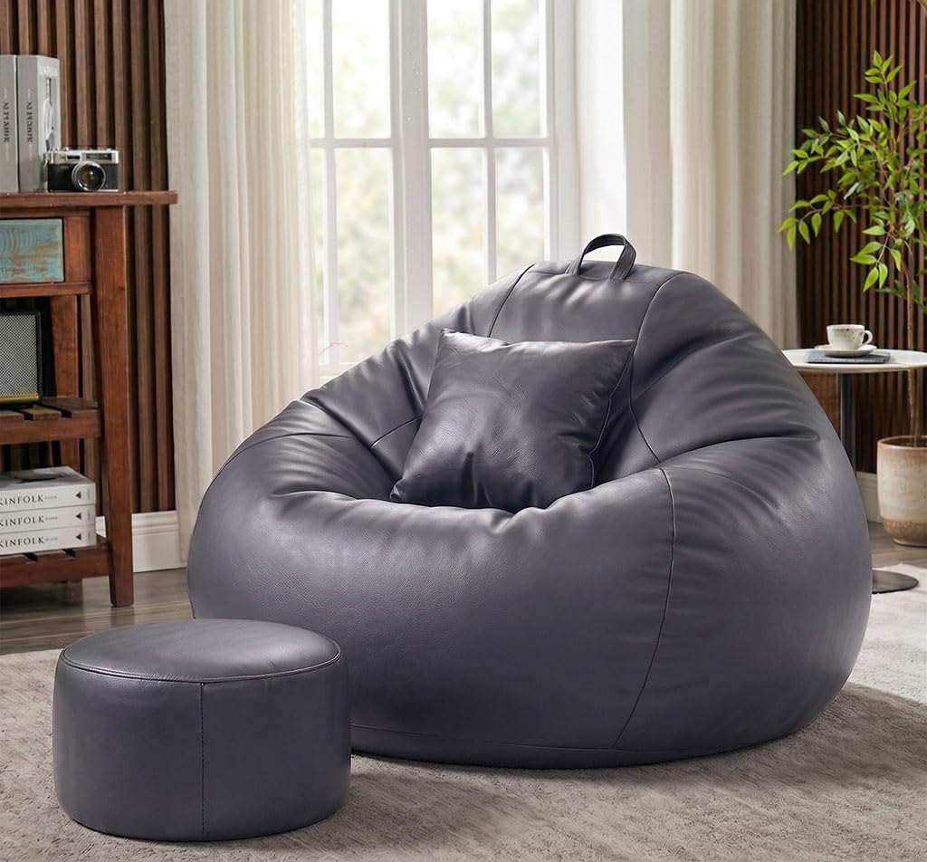Sattva Classic 4XL Sofa Style Bean Bag Chair with Beans Filled | Faux Leather Bin Bags Sofa Set with Footstool & Cushion for Adults | Beam Bag, Large Beanbags for Home & Office - Grey-image-17