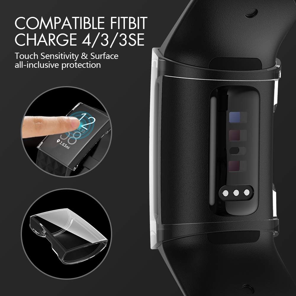 Goton Compatible Fitbit Charge 4/3 / 3SE Screen Protector, (3 Packs) Soft TPU Shockproof Full Cover Case Screen Protector for Fitbit Charge 4 / Charge 3 / Charge 3 SE (Black & Clear & Silver)