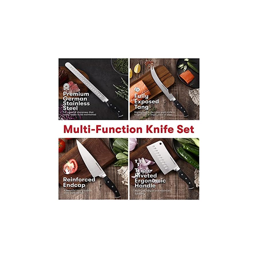 Master Maison 15-Piece BBQ Knife Set - Professional Butcher Knife Set with Stainless Steel Blades, Honing Rod, 6 Sheaths, Knife Sharpener, and Roll Bag - Durable Grill Accessories