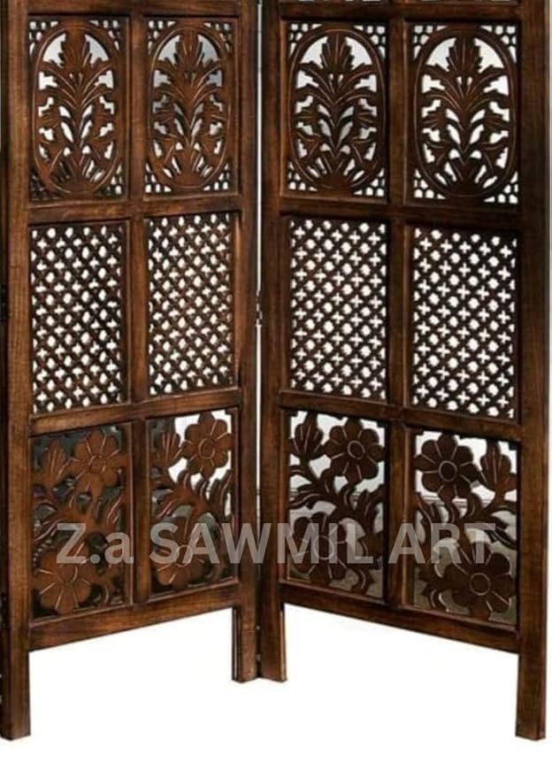 COZYDOR Wooden Room Partition/Screen/Room Divider/Room Separator Burnt Wood Finish (Hand Buffing) Frame Traditional Handicrafts 4Ft Height (2 Panel)-image-4