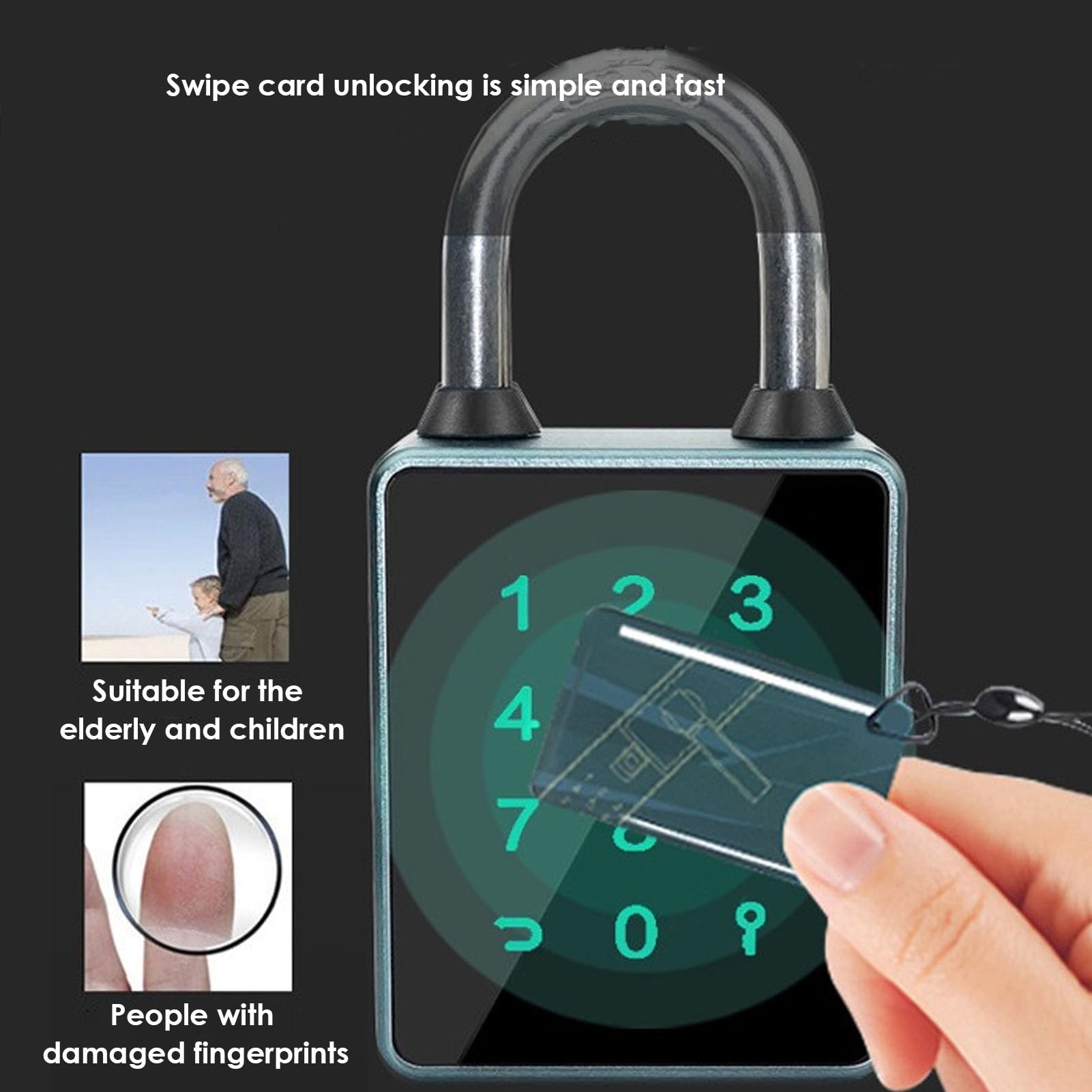 VBESTLIFE Candado de Huella Digital con Copia de Seguridad de Llave, Cerradura de Puerta de Combinación Inteligente para Exteriores a Prueba de Agua con 3 Tarjetas IC, Candado Inteligente