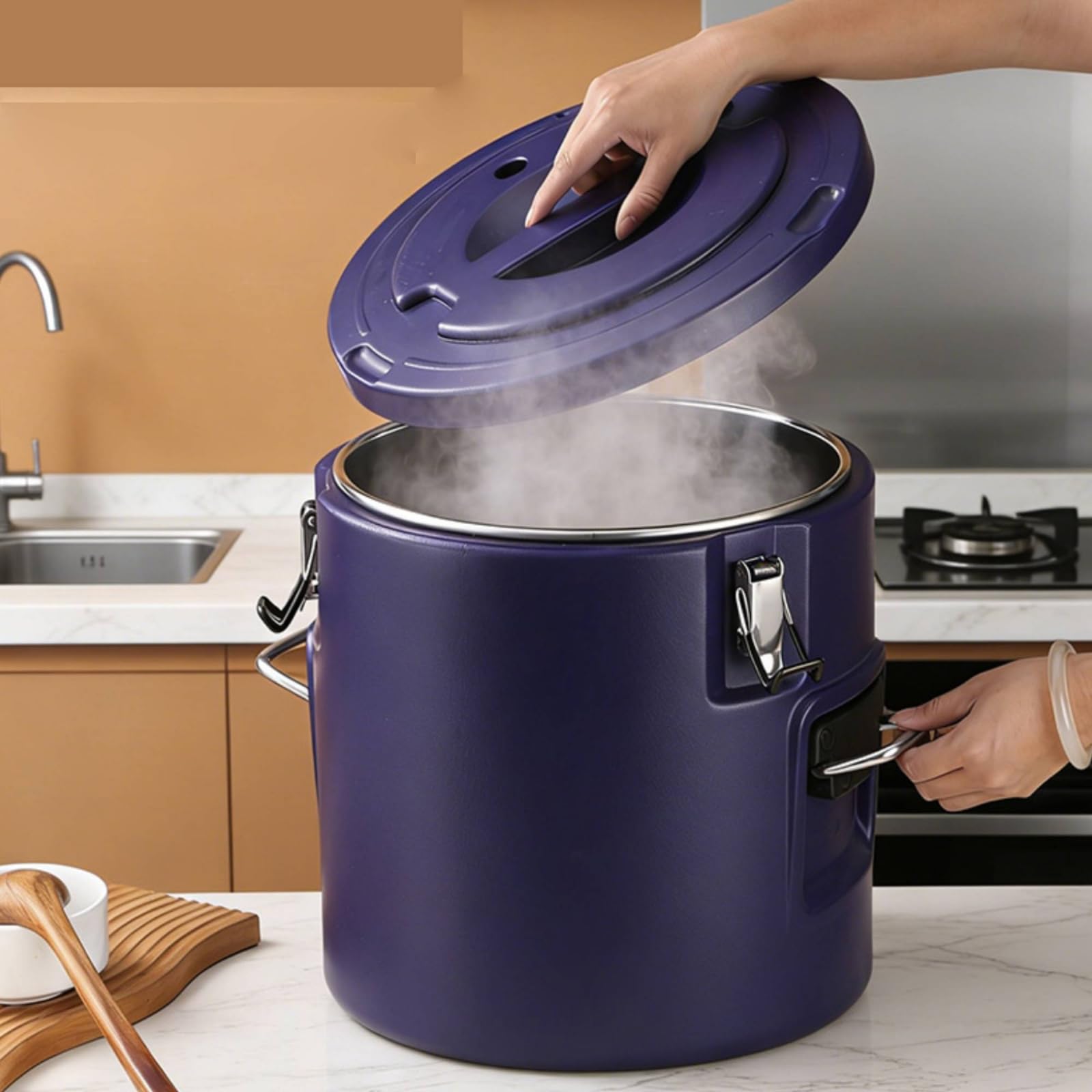 Contenitore Termico Isolato Contenitore Cibo Secchio Acciaio Inox Recipiente Termico Alimentare Coperchio con Blocco E Manici Adatto a Cucina Catering Mensa Aziendale, Blu, 48L