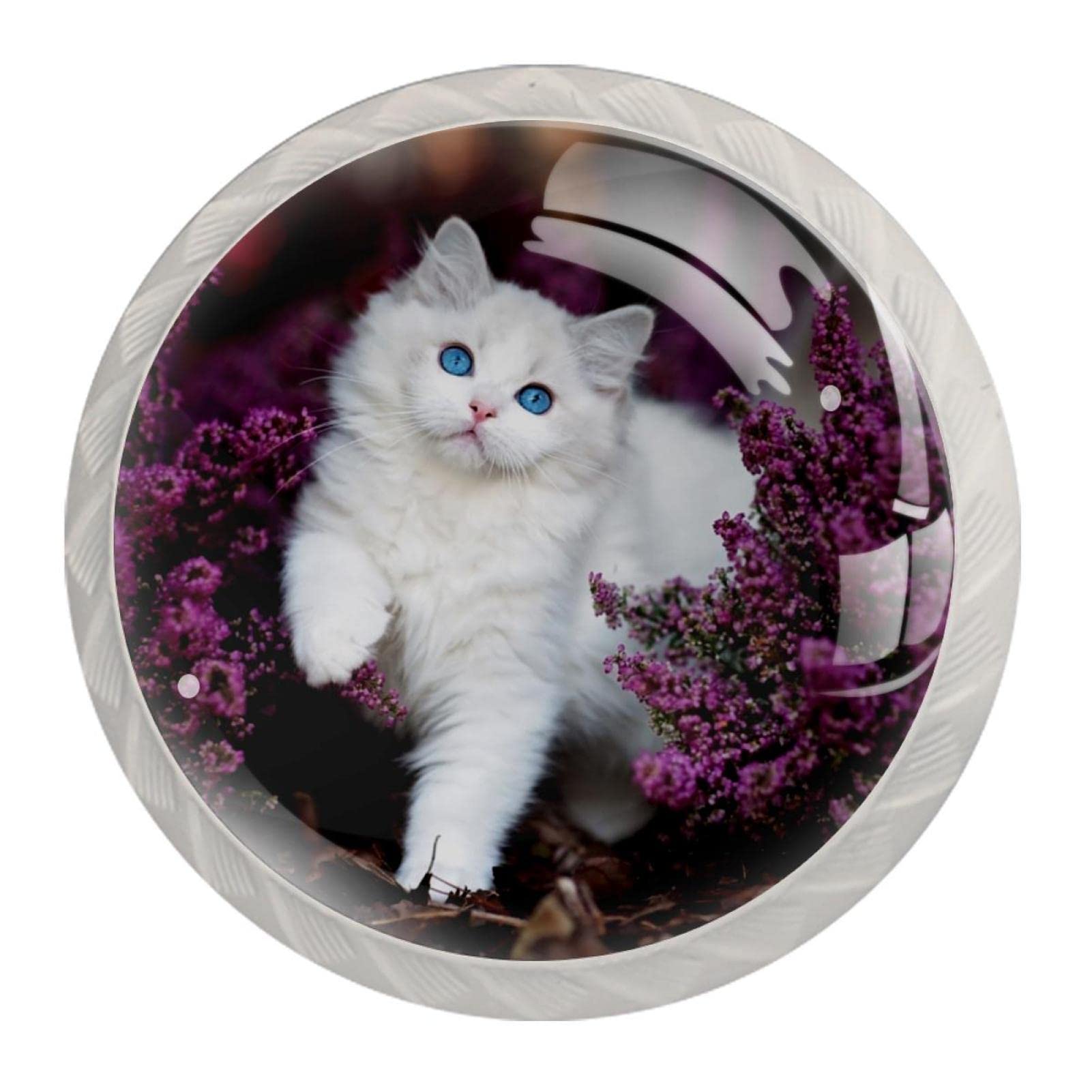 Poignée de traction blanche motif chat et lavande avec vis pour meuble - Lot de 4