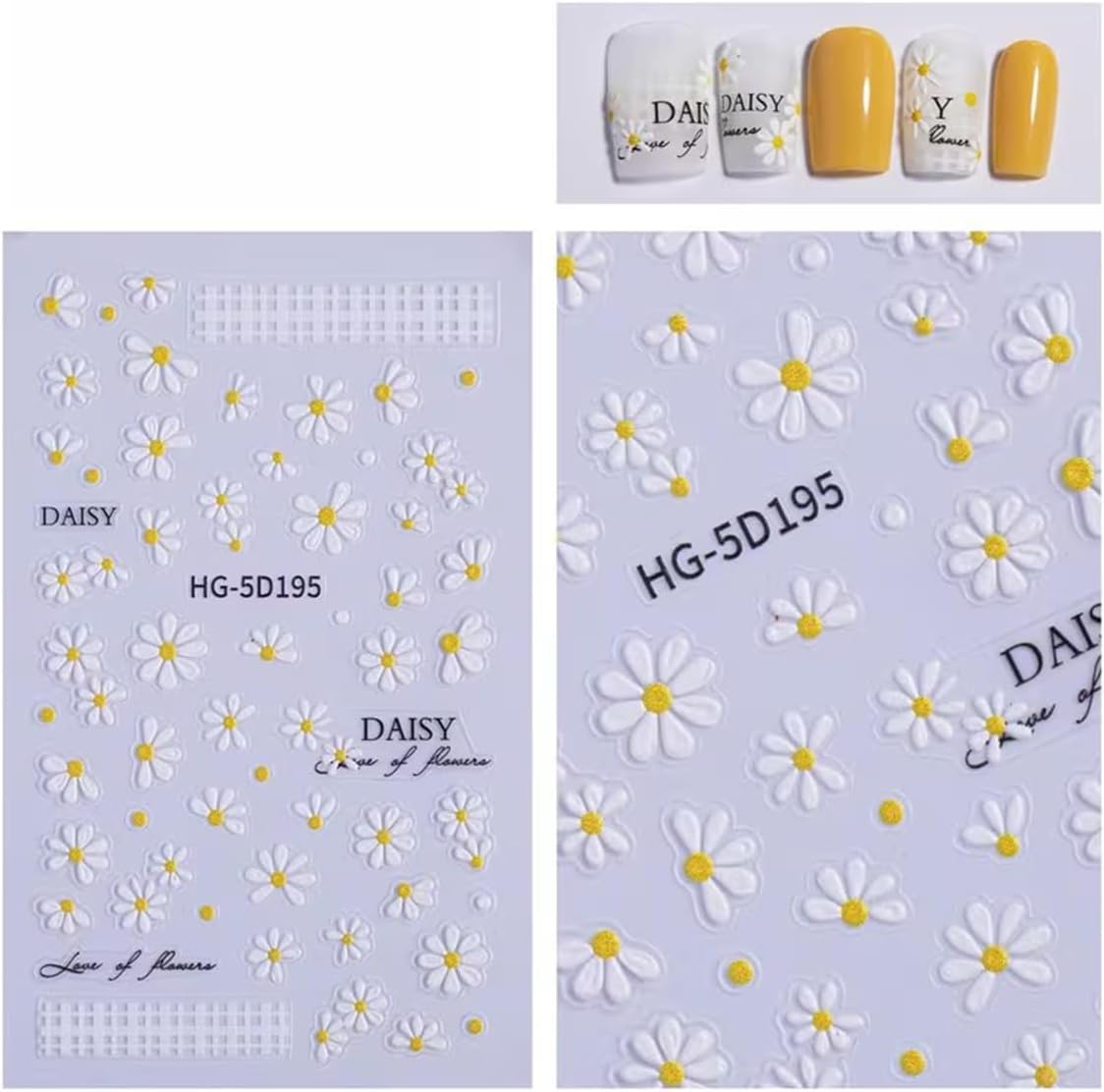 White Daisy Nail Stickers 5D Embossed Flower Nail Art Stickers Decals 4PCS Cute Daisy Floral Green Leaves Elegant Design Nail Adhesive Sliders Spring Summer Nail Art Decorations Supplies for Women