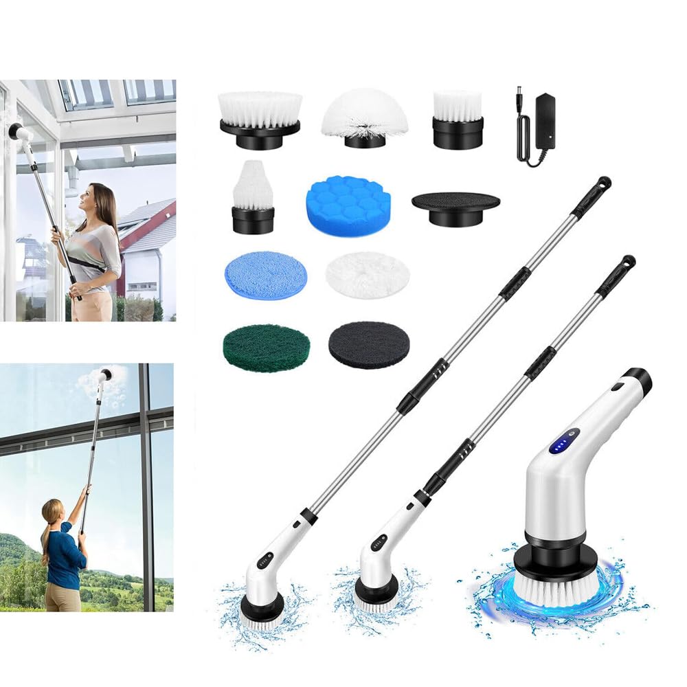 Electric Spin Scrubber Bathroom, Cordless Shower Cleaning Brush with Long Handle and 9 Replaceable Brush Heads, Battery Power Scrubber for Cleaning, 3.0Ah Battery and Charger, WZ