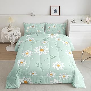 Manfei Cute Flower Comforter Set Twin Size, Botanical Theme Floral Print Bedding Set 2pcs for Kids Girls Room Decor, Watercolor Daisy Quilt Set Soft Polyester Duvet Set with 1 Pillowcase