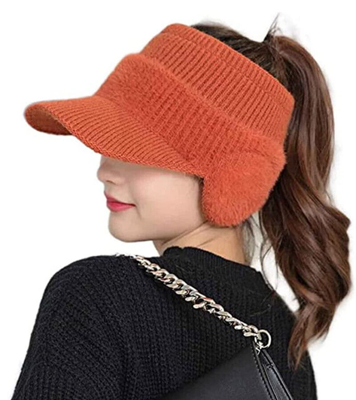 Chagoo Women's Fashion Ear Guard Knit Cap, Winter Fleece Ponytail Hat Baseball Caps with Earflap (Orange)