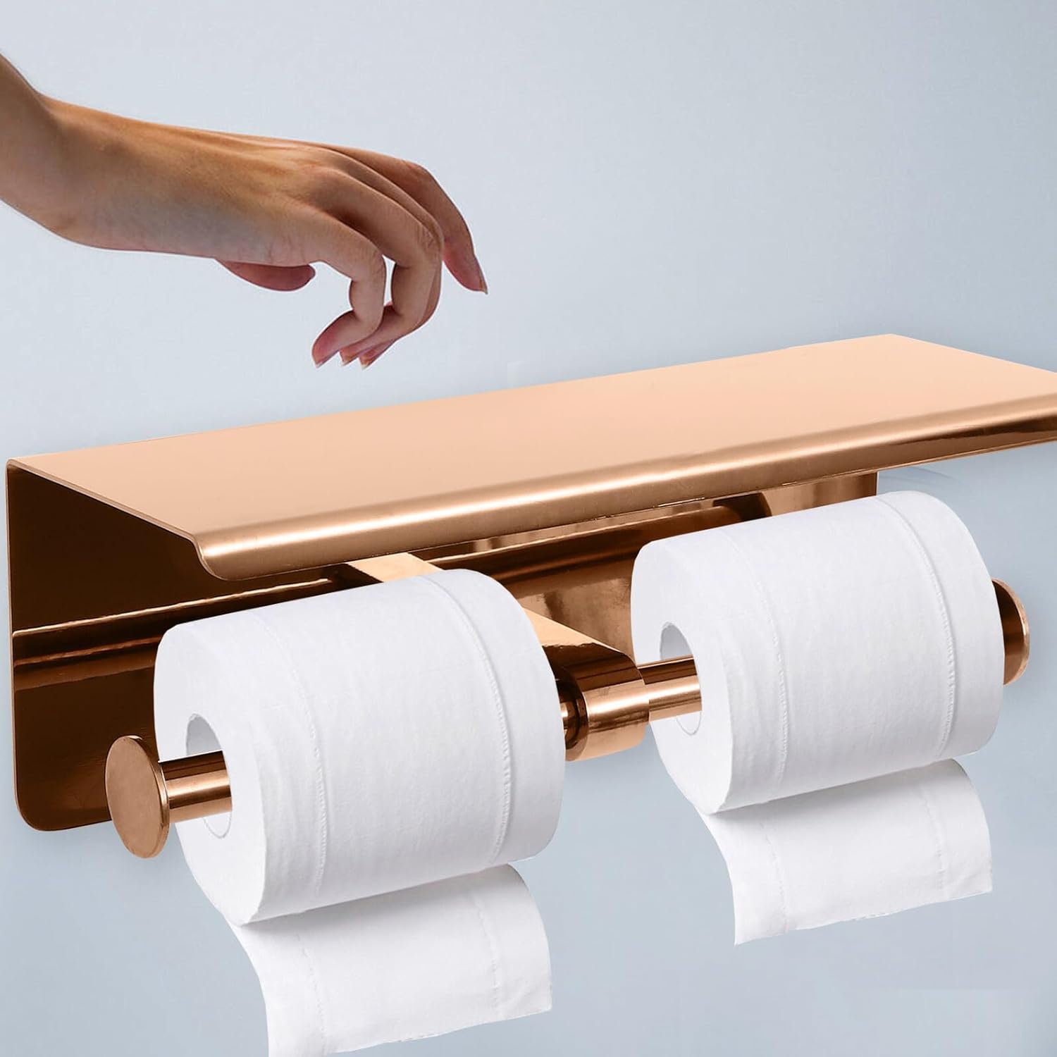 Kisangel Brushed Gold Stainless Steel Double Rod Toilet Paper Holder Tissue Rack with Phone Shelf Bathroom Wall Mounted Roll Paper Rack Organizer for Home and Hotel