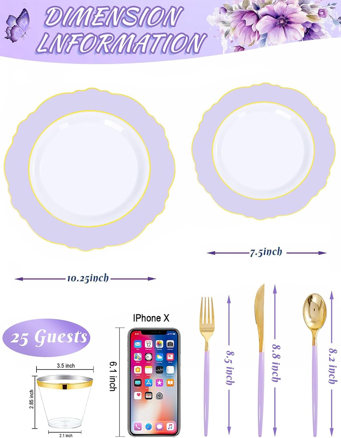 WDF 150Pcs Purple Plates Disposable - Baroque Lavender Purple and Gold Plates - 25Guest Plastic Dinnerware Ideal for Party/Spring/Picnic/Easter