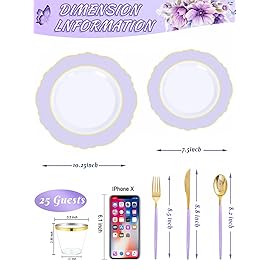 WDF 150Pcs Purple Plates Disposable - Baroque Lavender Purple and Gold Plates - 25Guest Plastic Dinnerware Ideal for Party/Spring/Picnic