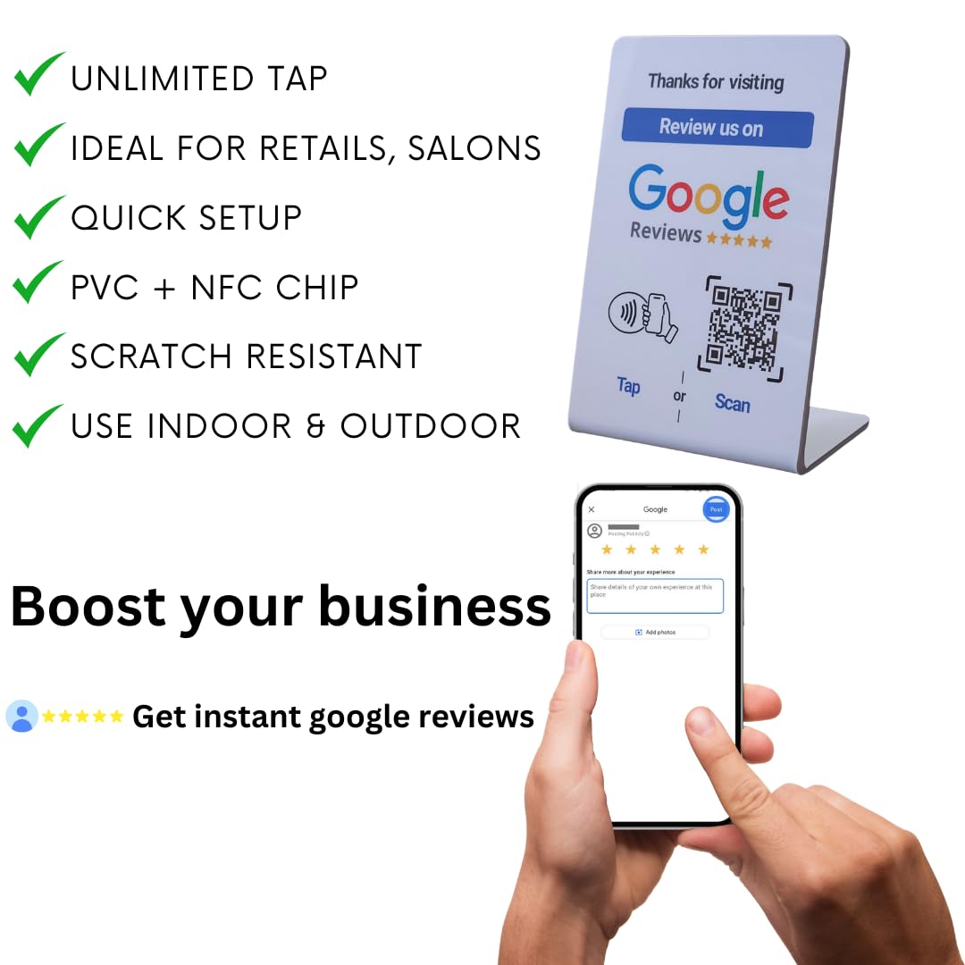 NFC Tag Google Review Stand - Boost Customer Reviews - Tap NFC & Scan QR code - Business sign holder - No Fee, No Subscription - iPhone & Android(Table stand large-Pack 3)
