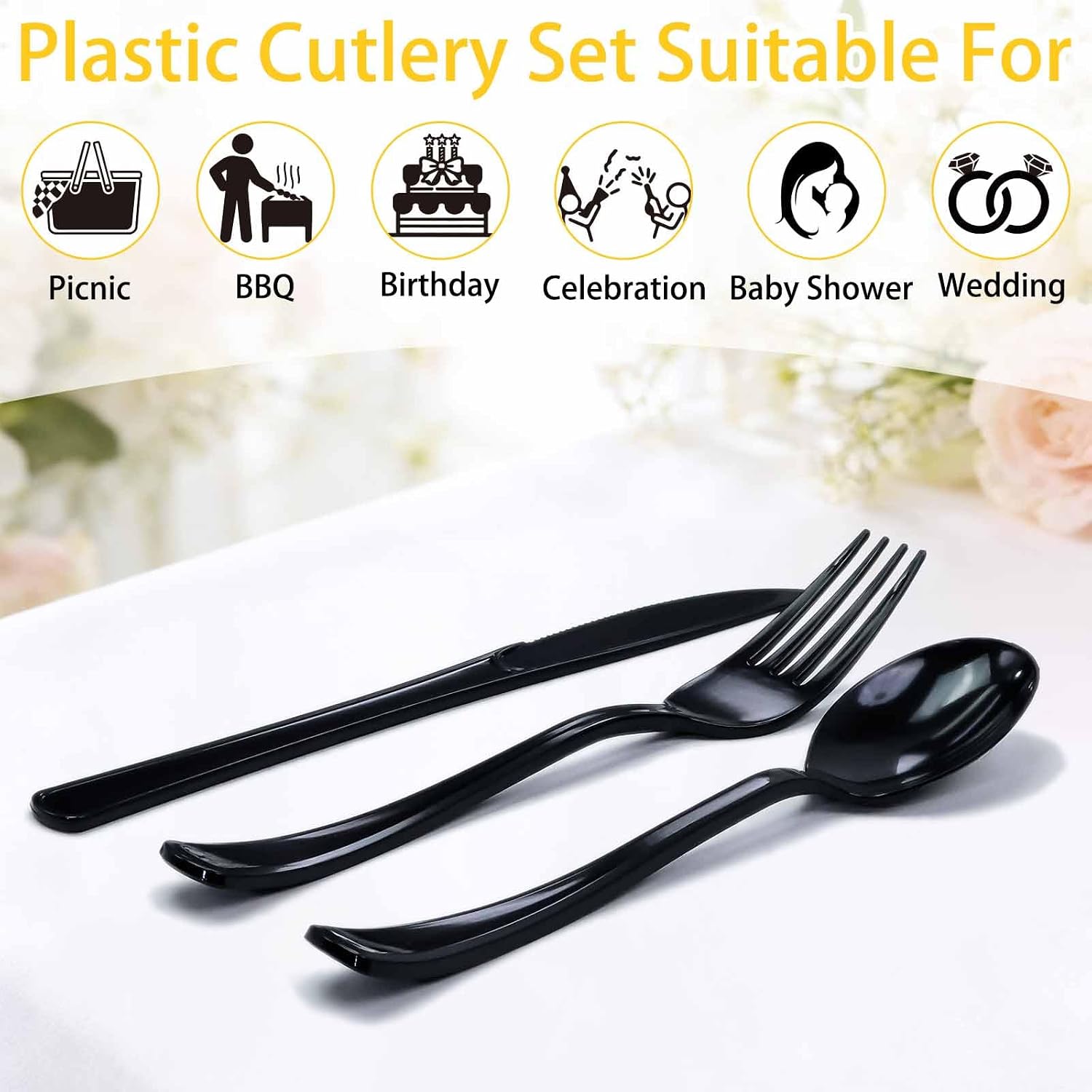 150 Pcs Black Plastic Cutlery Set Disposable Black Heavy Duty Plastic Knives Forks and Spoons Silverware Utensils Set for 50 Guests Birthday Wedding Party Disposable Flatware Sets