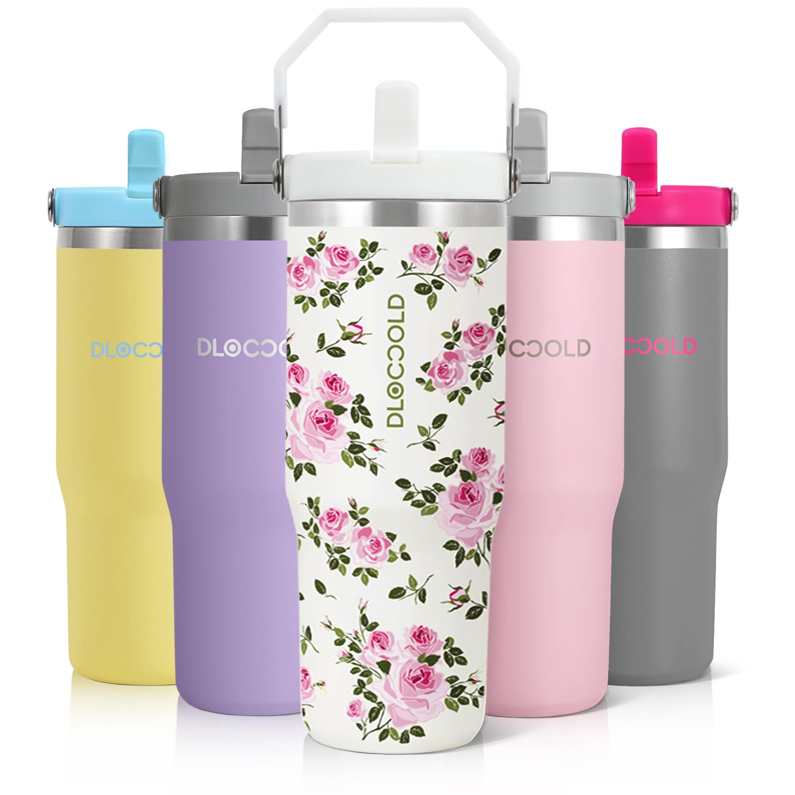 DLOCCOLD30 oz Stainless Steel Tumbler with Flip Straw & Handle, Insulated Leak Proof Water Bottle with Sip Lid for Home, Office, Car, Sports, Outdoors, Reusable Cup with Straw, Cup Holder Friendly