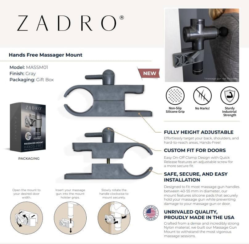 Miniatura 3 de Zadro Pistola de masaje manos libres, tejido profundo, montaje en puerta, masajeador trasero, herramienta de abrazadera de mano, agarre fuerte,