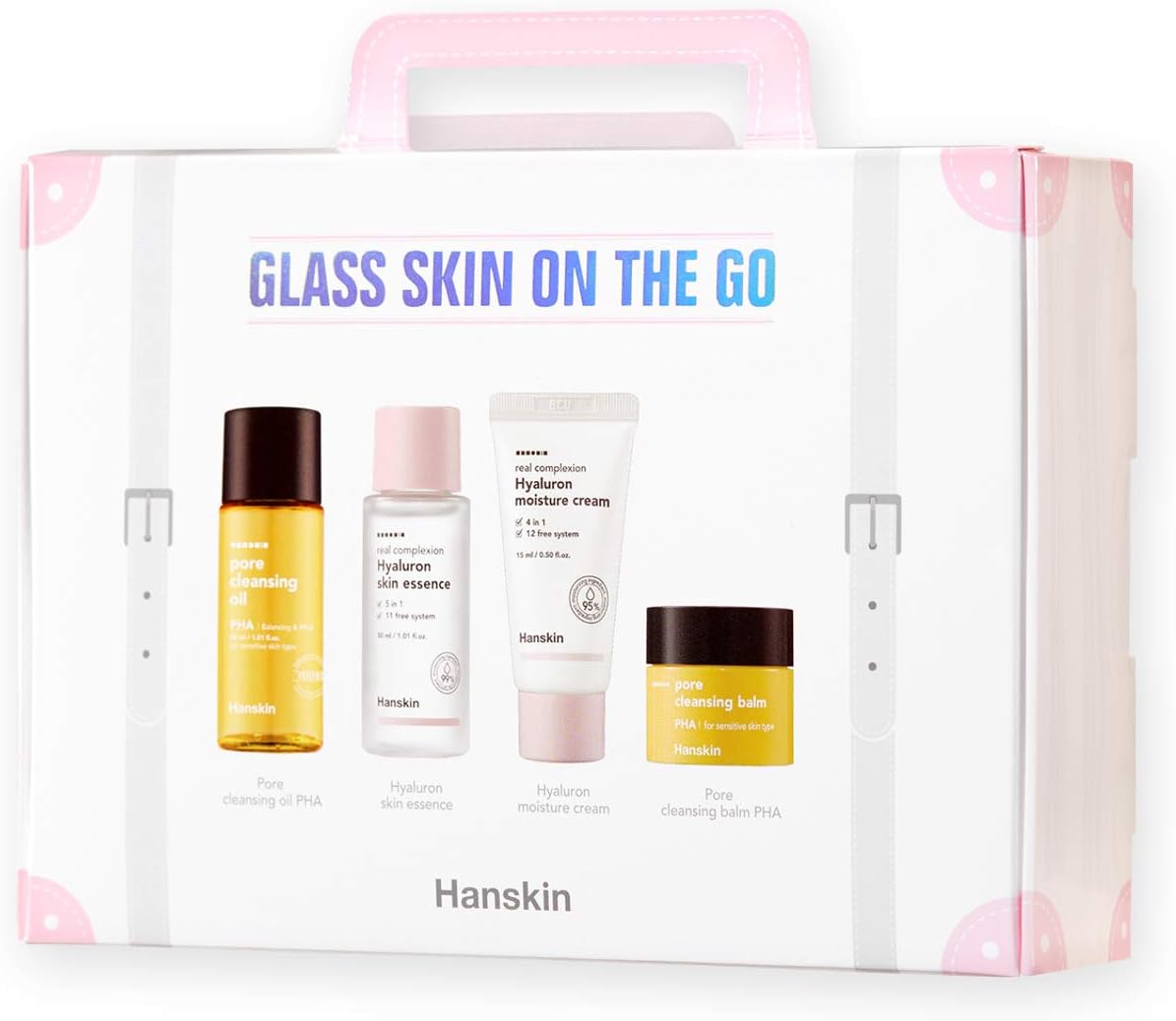 Essential Skin On The Go Set van 4/30 ml van elk glas voor het opgloeien van de huid op het dekzeil, reinigingsolie en hydraterende huid