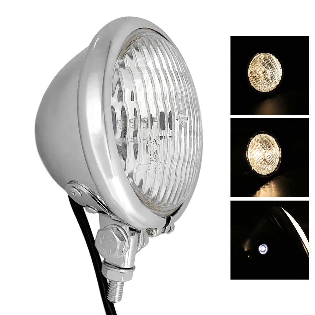FATECIM 4.5" Motorcycle Bulb Headlights 4 1/2 inch Motorbike Head Light Lamp Universal for Harley Sportster XL Dyna Softail Bobber Cafe Racer (Chrome)-image-5